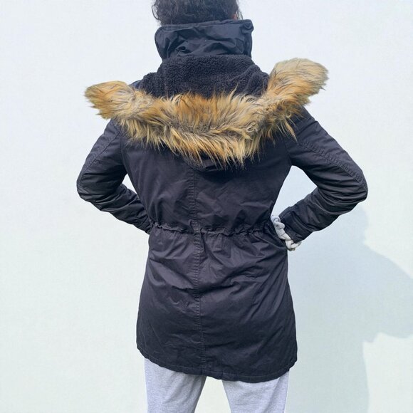 French Connection Womens Black Hooded Parka Coat With Faux Fur Trim & Drawstring - Picture 2 of 3